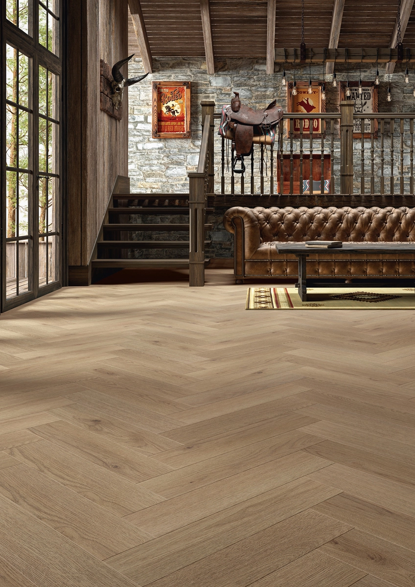 Laminaat - Floer Hybride Laminaat Visgraat - Grijsbeige Eiken - toplaag - Bruin